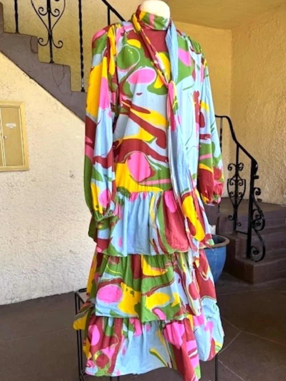 $395 RHODE Tie-Neck, Cotton Print Tiered Maxi Dress EUC/sz L - Picture 3 of 14